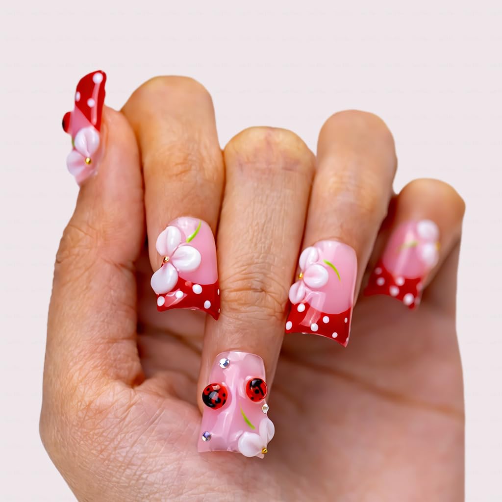 IntoVibes Handmade Short Duck Press On Nails, 3D petals And Ladybugs, 10 Pieces Reusable Acrylic False Nails, Size Medium