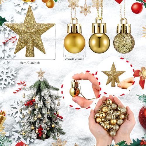 RoundFunny 25 Pcs Mini Christmas Balls Ornaments Set 0.79 Inch Christmas Day Ball Topper Star Tree Hanging Ornaments for Party Decoration(Gold)