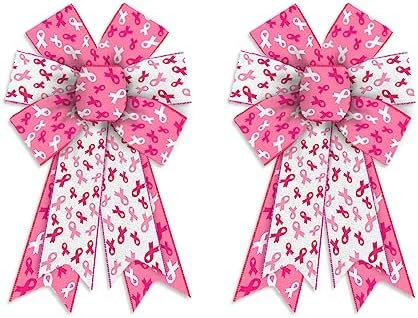 Estivaux 2 Pieces Breast Cancer Awareness Bows for Wreath, Breast Cancer Awareness Cheer Wreath Bows Pink White Burlap Bow Holiday Farmhouse Craft Bows for Front Door Home Tree Top Garden Supplies