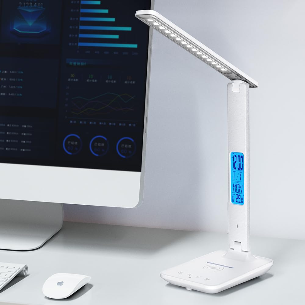 wanjiaone Multifunctional LED Desk Lamp with Wireless Charger,USB Charging Port,Clock,Phone Holder,Desk Lamps for Home Office,Eye-Caring Reading Lamp,Study Lamp for Boys,Girls,Teens,White