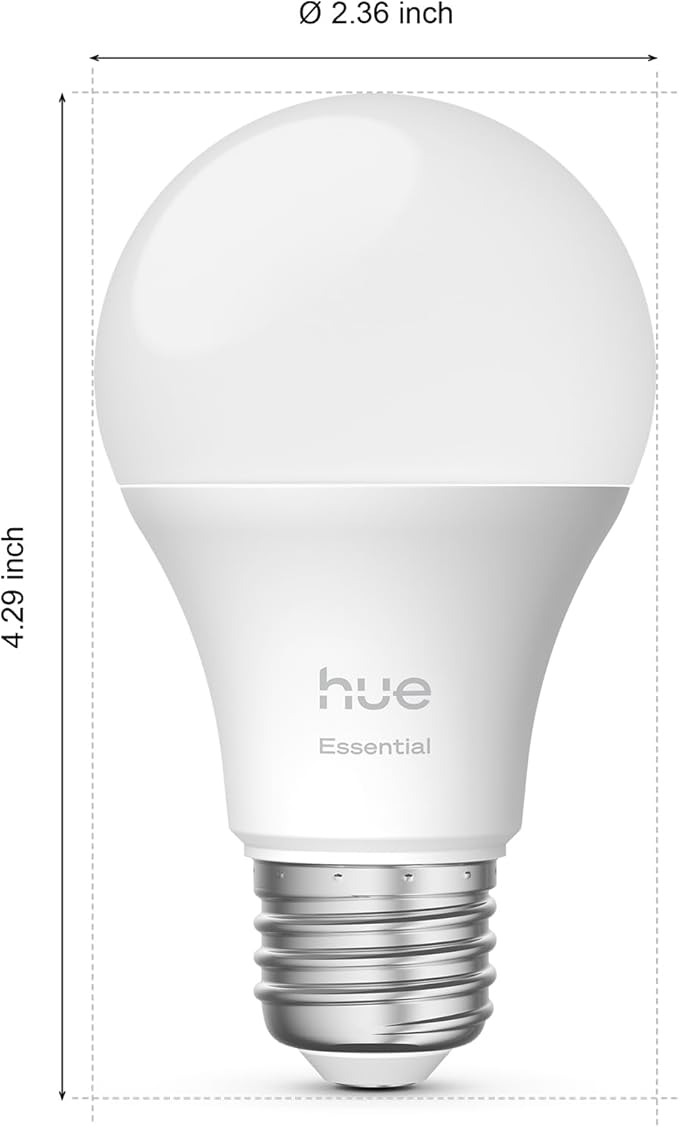Philips Hue Essential Smart LED A19 Bulb, White and Color Ambiance, E26 Base, 8.8W, 2200K-6500K, 800 Lumens, Dimmable, Works with Alexa, Google, and Apple Home, 4-Pack