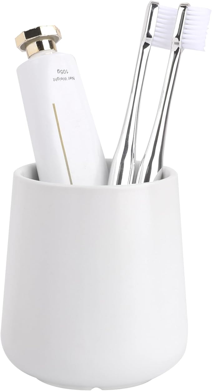 BosilunLife Bathroom Toothbrush Holder - Ceramic Toothbrush Cup Holder 13Oz White Toothbrush Holder for Bathroom Toothbrush and Toothpaste Holder for Bathroom Vanity Countertop, Ideal for Home, Hotel