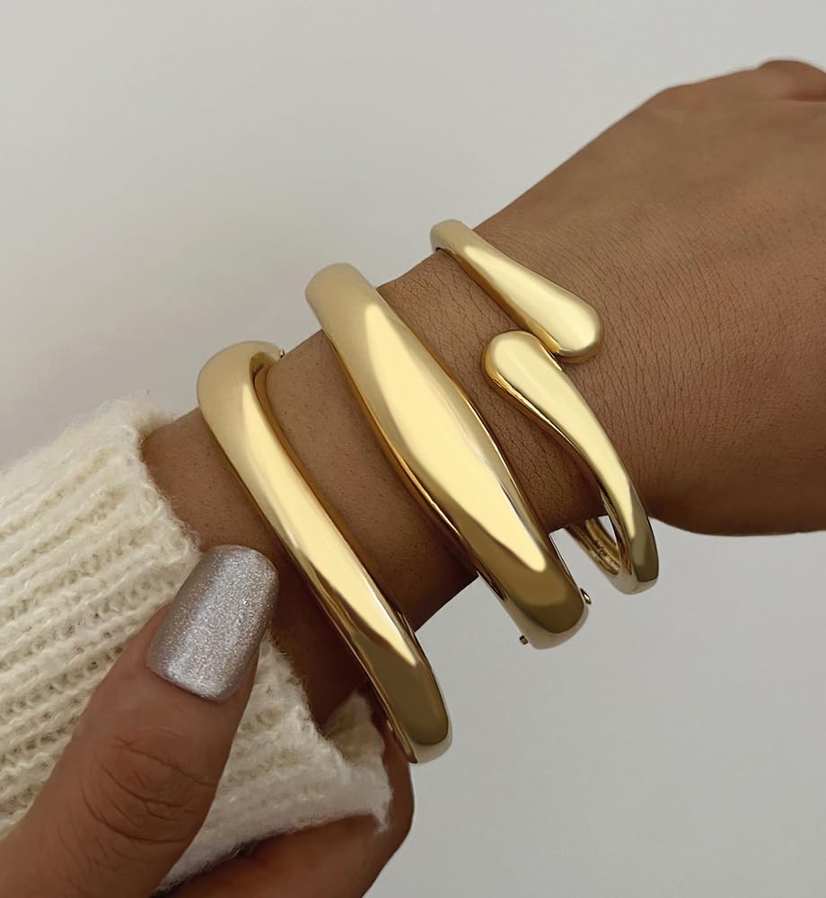 Chunky Gold Bangle Bracelets for Women, Dainty 14k Gold Plated Simple Stackable Bangles Set, Fashion Vacation Accessories Small Gifts for Daughter