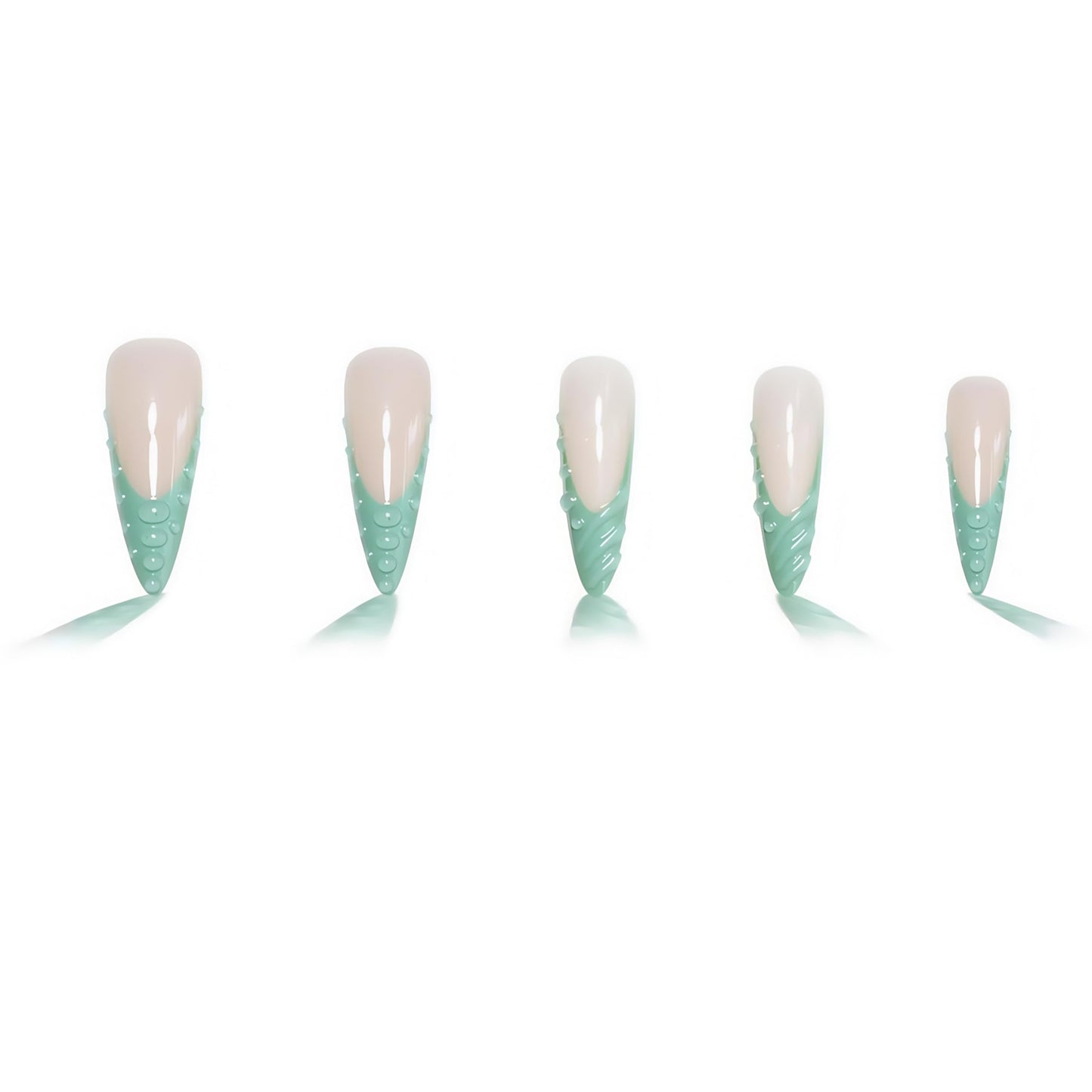 Stiletto Press on Nails Long Fake Nails Green Extra Long Glossy Acrylic Nail Press on French Tip Artificial with 3D Water Droplets Designs Stick on Nail for Women 24pcs