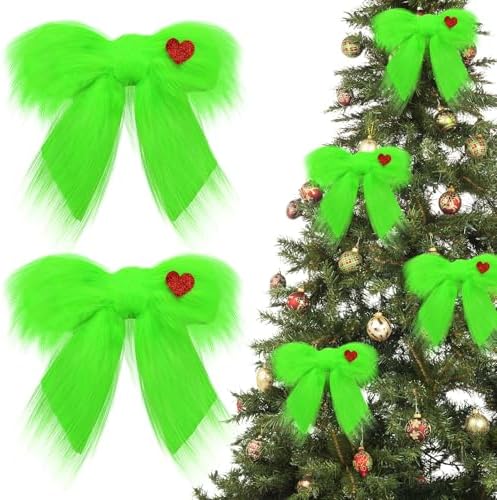 RoundFunny 4 Pcs Christmas Large Green Furry Bow with Red Heart Lime Green Christmas Tree Topper Bow Decoration Gift for Xmas Home Decor Outdoor Indoor Car Ornament