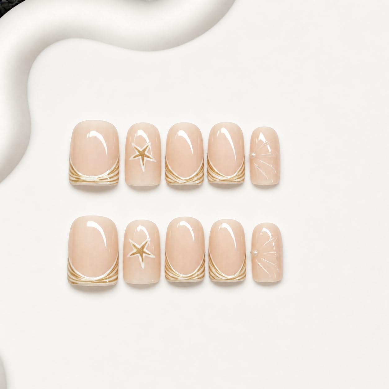 Summer Handmade Press on Nails Starfish Fake Nails Designs Beach Muti-Layer Gel Thick Acrylic Nail Full Cover Beach Handmade Short Square False Nails French Tip Stick on Nail for Women (M)