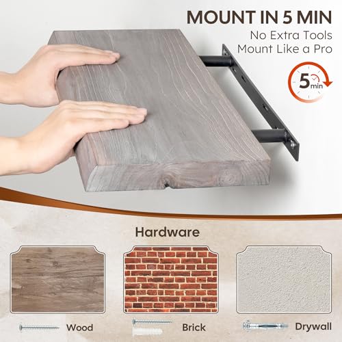 Live Edge Floating Shelves Set of 2, 24 Inch Solid Elm Wood Wall Shelves - Invisible Bracket Mount for Living Room, Bedroom, Kitchen, Bathroom | Weathered Gray - color: Driftwood Gray, size: 24"L, 2-Pack