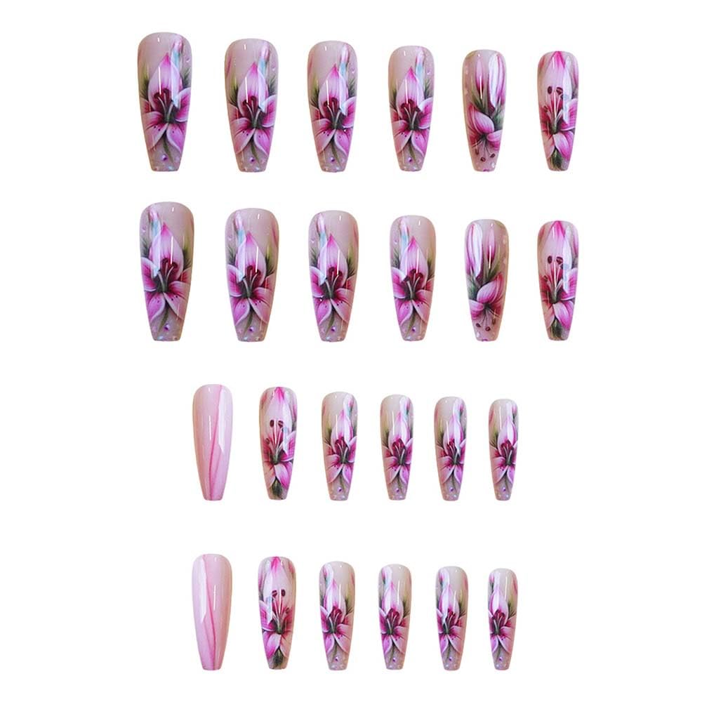 Coffin Press On Nails Long Pink False Nails With Flower Design Full Cover Acrylic Artificial Spring Glossy Reusable Stick On Nail Glue On Nail For Women Manicure Art 24pcs