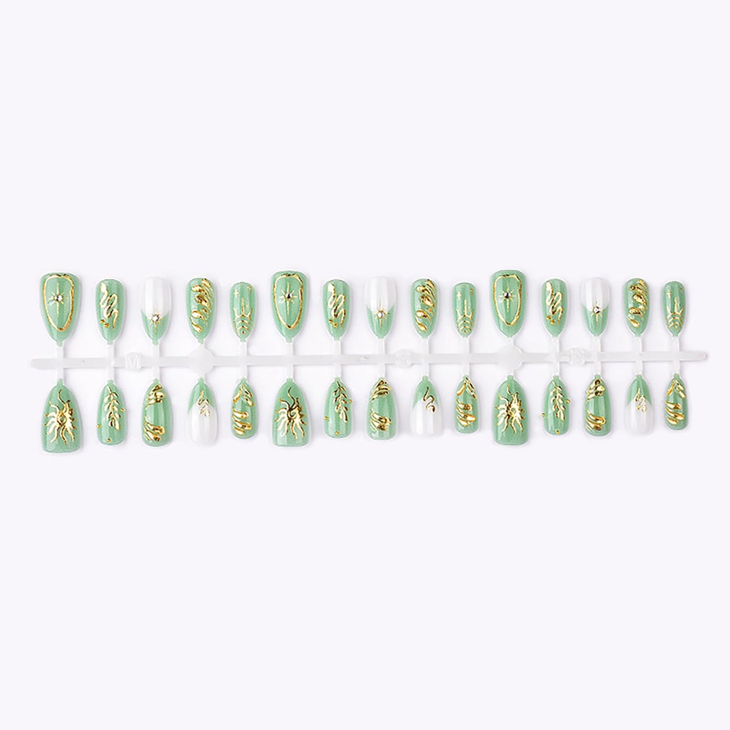 30pcs Green Press on Nails Medium Almond Fake Nails Gold Snake Leaves Star False Nails with 3d Rhinestones Designs Glue on Nails Green French Tip Full Cover Artificial Stick on Nail Decor for Women