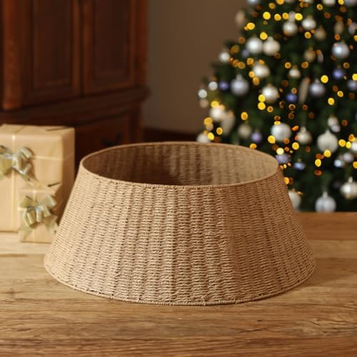 Rustic Farmhouse Christmas Tree Collar - Holiday Decorations - Natural Woven Wicker Tree Base Cover, Basket Ring for Artificial Trees, Stable & Odorless