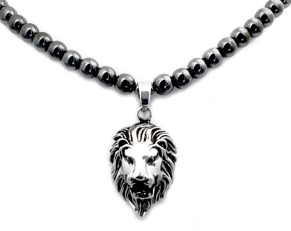 Accents Kingdom Men's Hematite Therapy & Healing Stone Round Bead Necklace With Stainless Steel Lion Head Pendant 18"