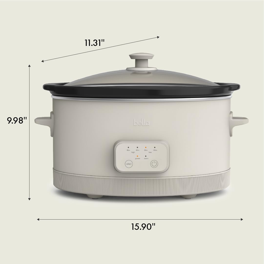 bella 6.0 Qt Programmable Slow Cooker, Ceramic Nonstick Coating, Adjustable Temperature & Cooking Times, Dishwasher Safe Stoneware Pot & Tempered Glass Lid, Tangle Free Cord Wrap, Oatmilk