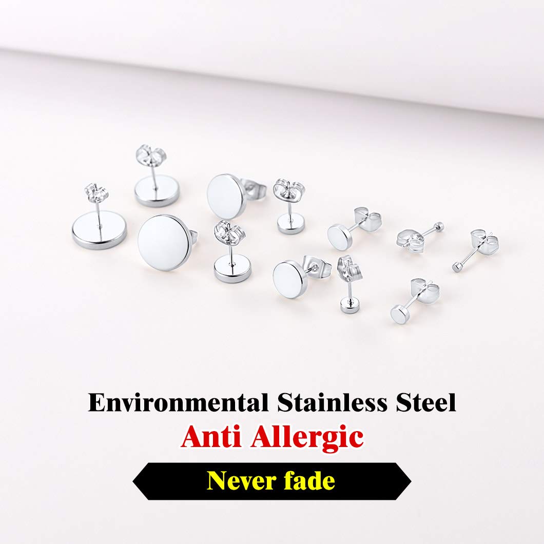 Mens Womens Round Stud Earrings Set 6 Pairs Stainless Steel Ear Piercing Hip Hop Style Earring Jewelry