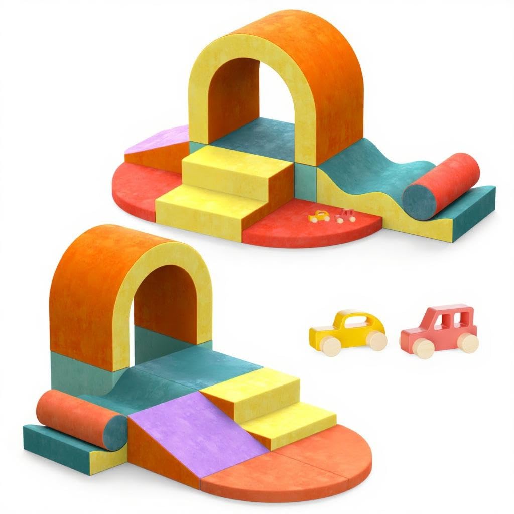 Yaofala 10 PCS Color Foam Climbing Blocks for Toddlers, Soft Play Set with Toy Car, Climbing Blocks for Toddlers 1-3, Indoor Climb and Crawl Soft Play Set