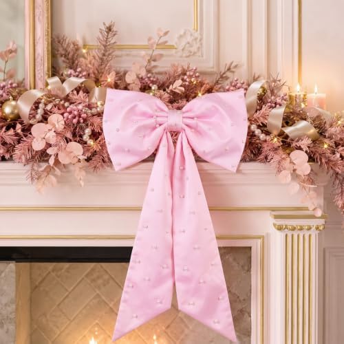 HunnmingRe 24x43 in Satin Bow with Pearl Christmas Tree Topper,Pink