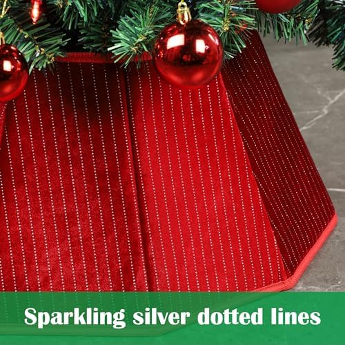 Blissun Christmas Tree Collar, Velvet Foldable Christmas Tree Ring with Silver Dotted line, Christmas Tree Skirt for Artificial Christmas Trees Decoration, Red