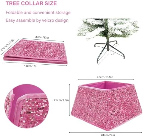 Christmas Tree Collar with Sparkling Sequins 24 Inch Tree Skirt for Holiday Home Decor (Rose Pink, Medium)