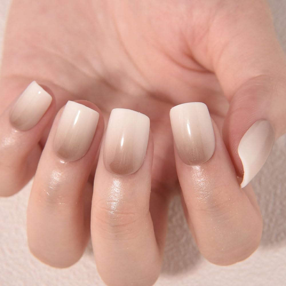 evpct Coffee Cream White Ombre Press on Nails Short Square, Short Square Glossy Stick on Nails for Women Gift with Manicure Kit, Reusable Soft Stick on Acrylic Fake Nail Press ons with Ombre Designs