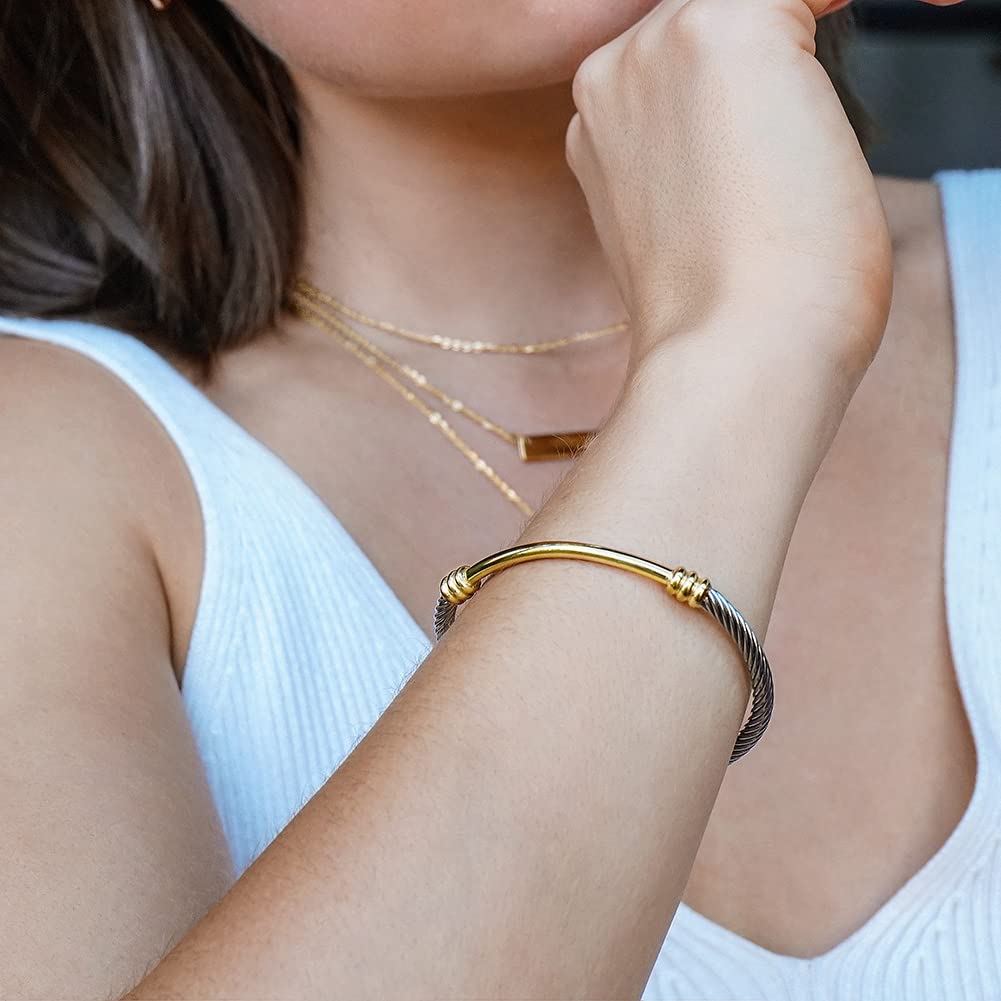 CIUNOFOR Cable Cuff Bracelets for Women, 2.4" Inner Dia. Fits 6.0”–7.0” wrists, Twisted Cable Cuff Bangle Bracelet, Stainless Steel Gold Plated Jewelry