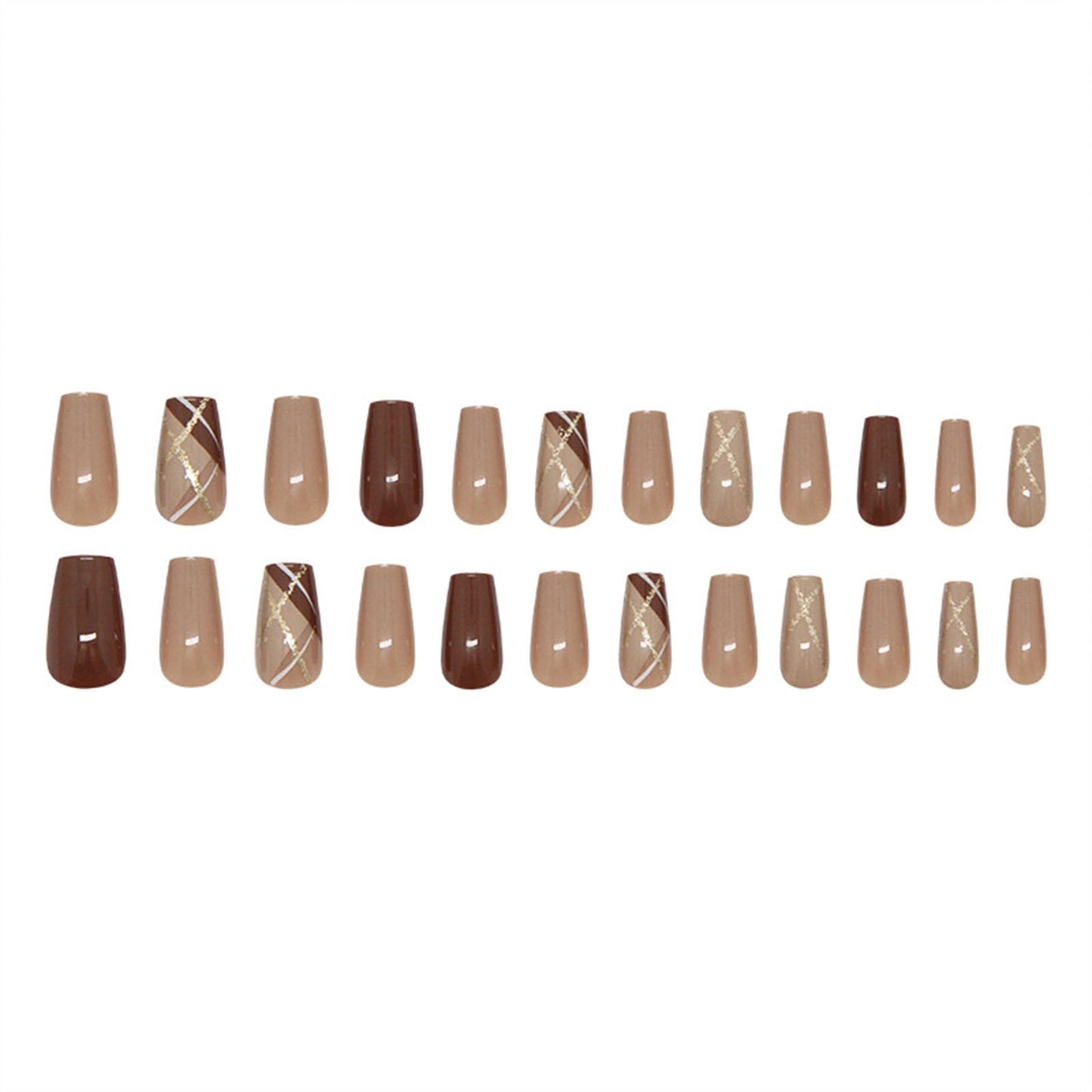 SINHOT Press on Nails - Medium Square Fake Nails, Glossy Finish, Gold Glitter & Brown, DIY Artificial False Nail Art - 24 Pcs Nail Kit with Glue