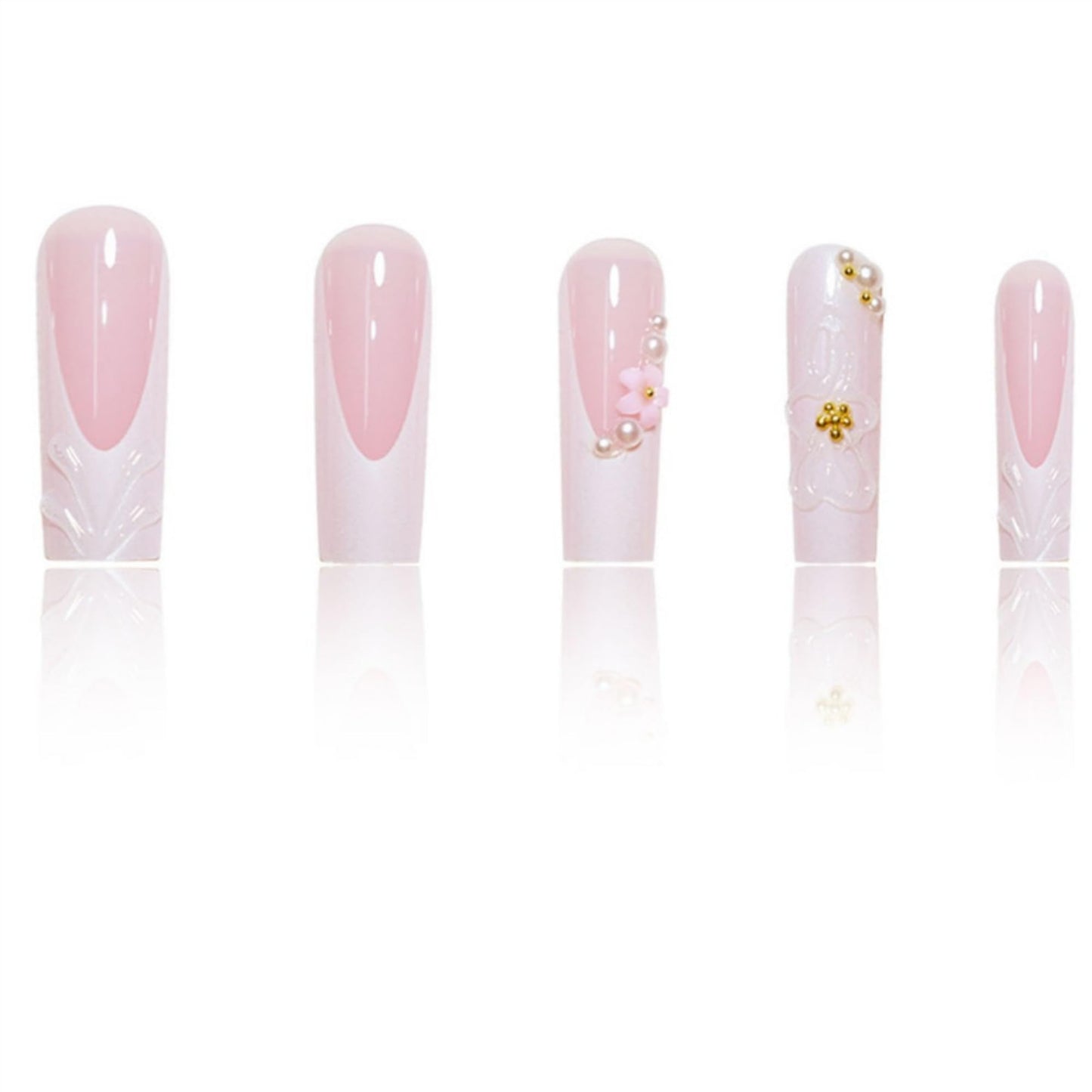 Square Press on Nails Long Fake Nails White Artificial Nail Flowers and Pearl Designs Glitter Stick on Nail for Women 24pcs
