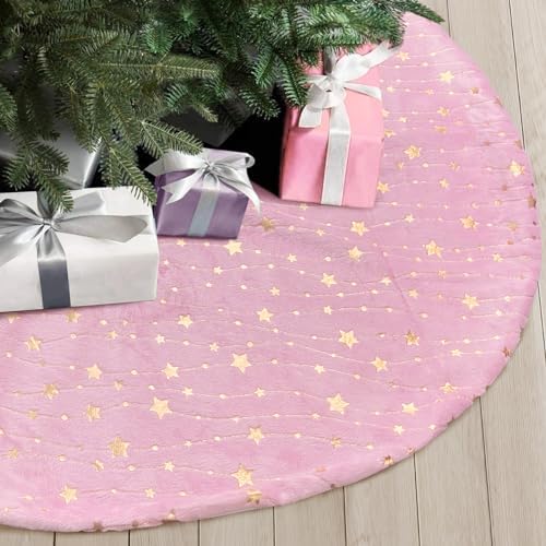 Plush Christmas Tree Skirts, 30 inches Luxury Pink Faux Fur Xmas Tree Base Cover Mat with Gold Stars for New Year Home Party Decorations(Pink Star, 30 inches)