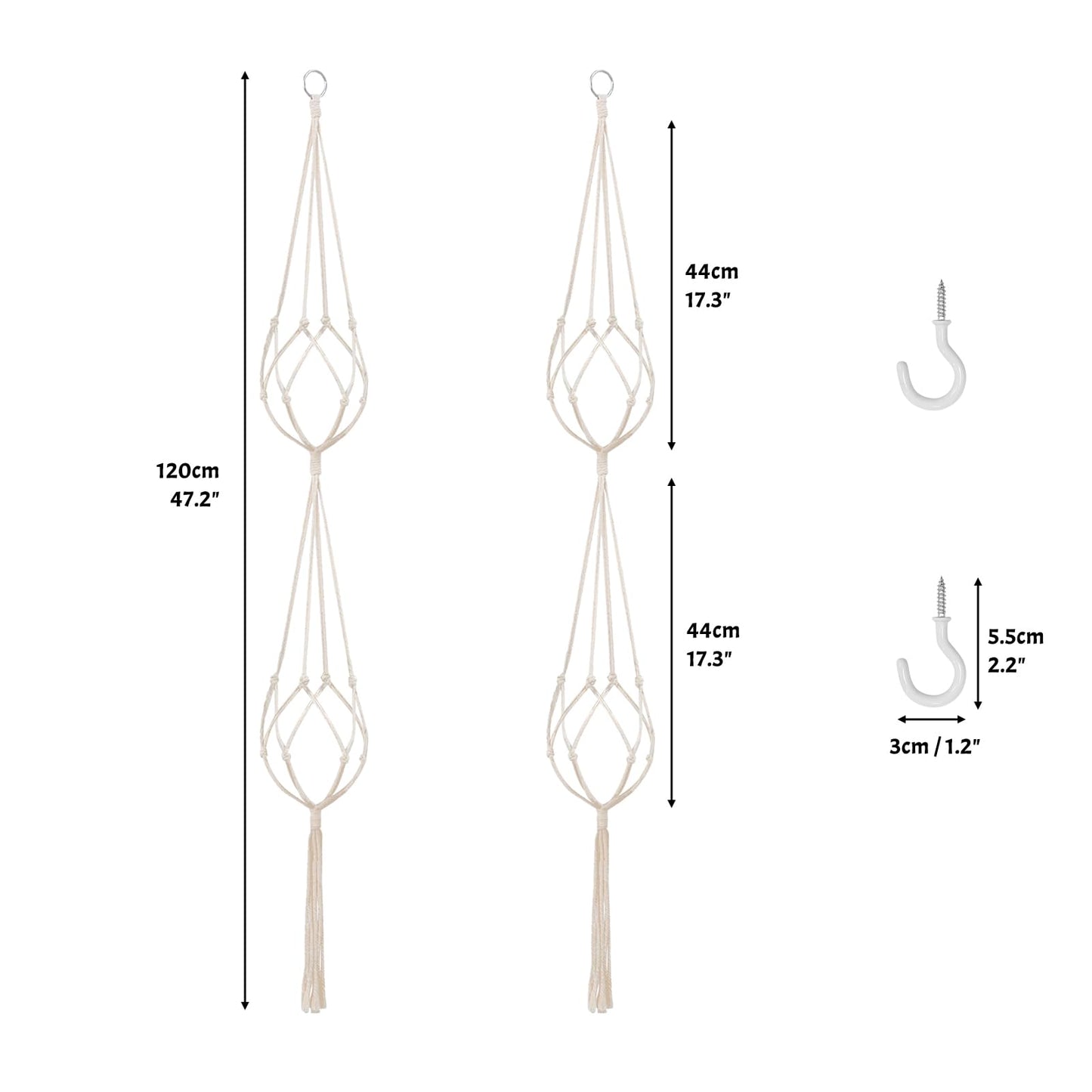 SNAIL GARDEN 2 Tier Macrame Plant Hanger, 2Pack Double Plant Hangers with Tassel Indoor Outdoor Hanging Planter Basket Handmade Cotton Rope Hanging Planters Set with 2Pcs Hooks for Boho Home Decor