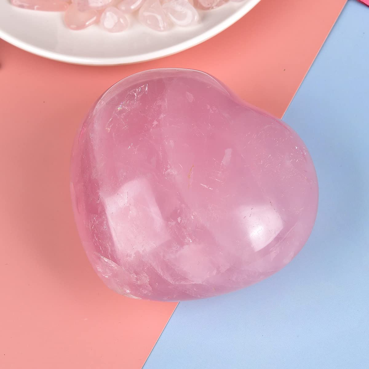 JIC Gem Large Heart Shaped Rose Quartz Crystal Healing Stone Pocket Palm Worry Stone with Display Stand Chakra Reiki Balancing 3.7"-4"