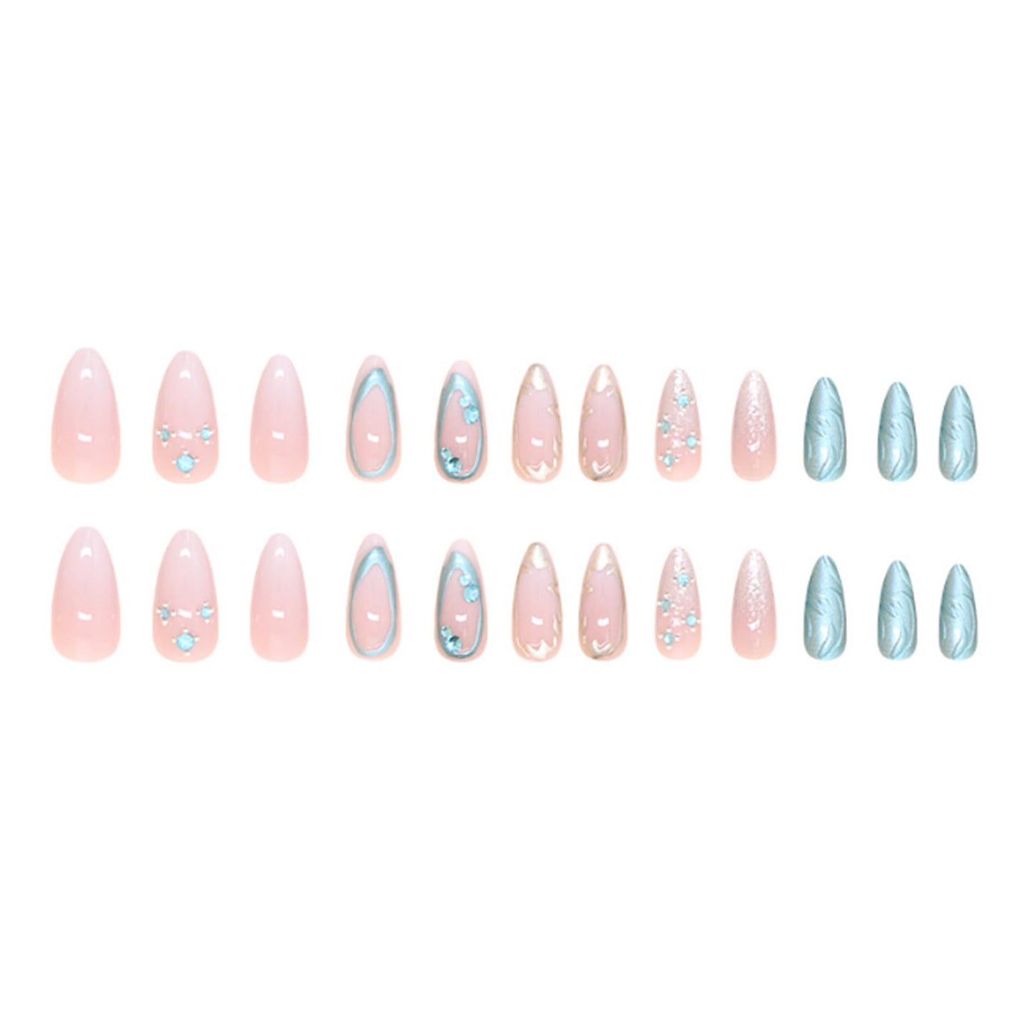 Hkanlre Blue Fake Nails Tips Bling Press on Nails Full Cover Medium Almond False Rhinestones Nails for Women 24PCS