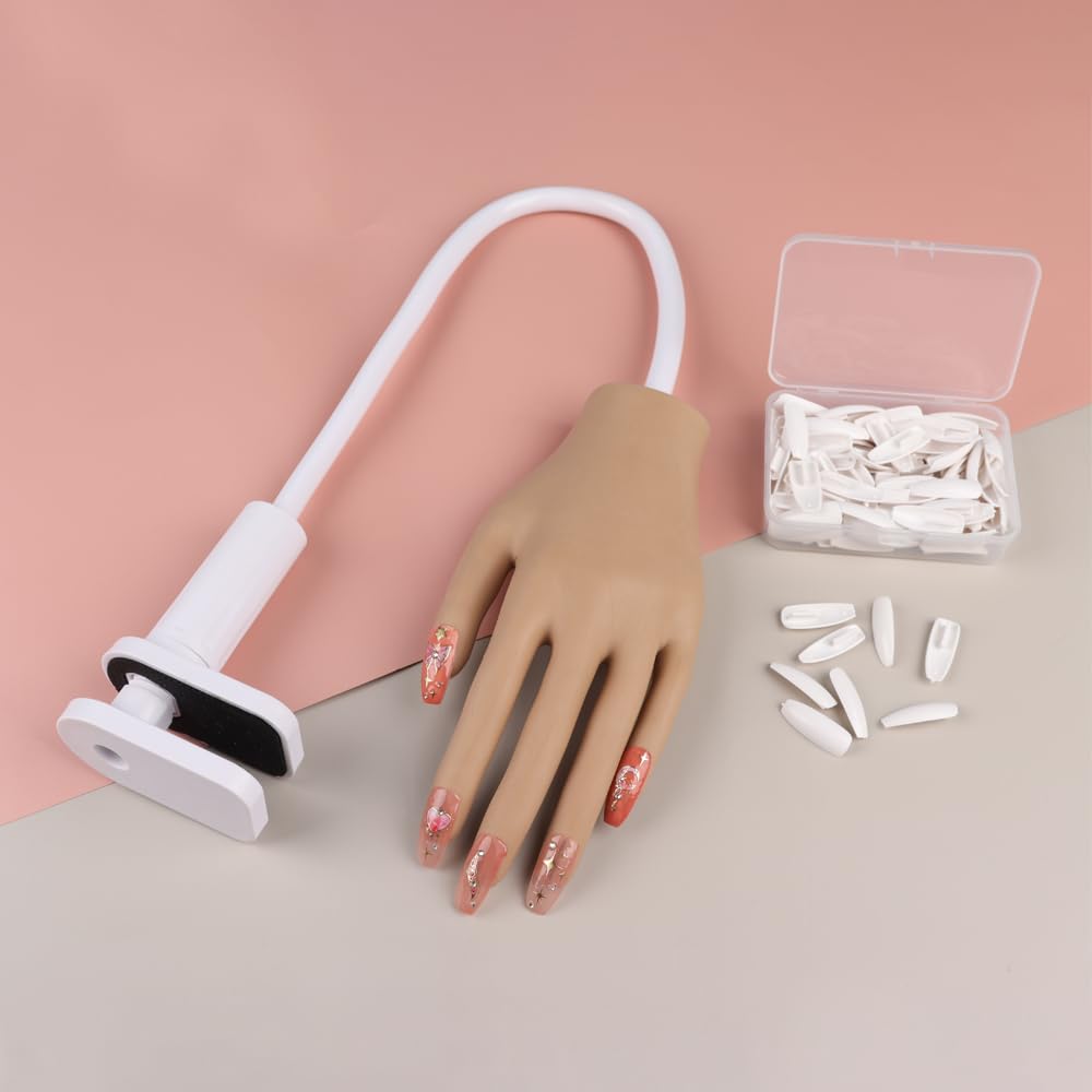 KnowU Practice Hand for Acrylic Nails, Flexible Silicone Mannequin Hand for Nails with Adjustable Stand, 100PCS Nail Tips Included, Adjustable Nail Hand Practice Model for Beginners