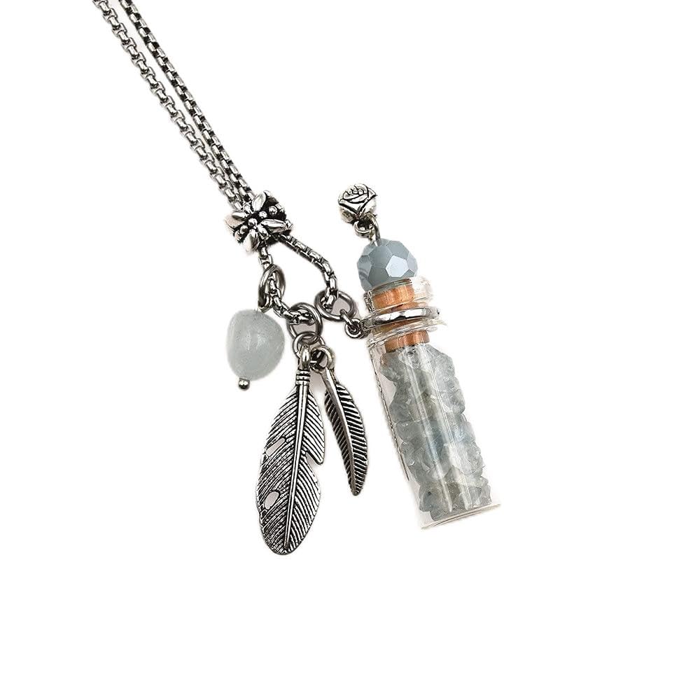 CoolDIY Aromatherapy Essential Oil Diffuser Necklace Locket Pendant Stainless Steel Perfume Necklace Crystal stone Glass vial Necklace (Water blue)
