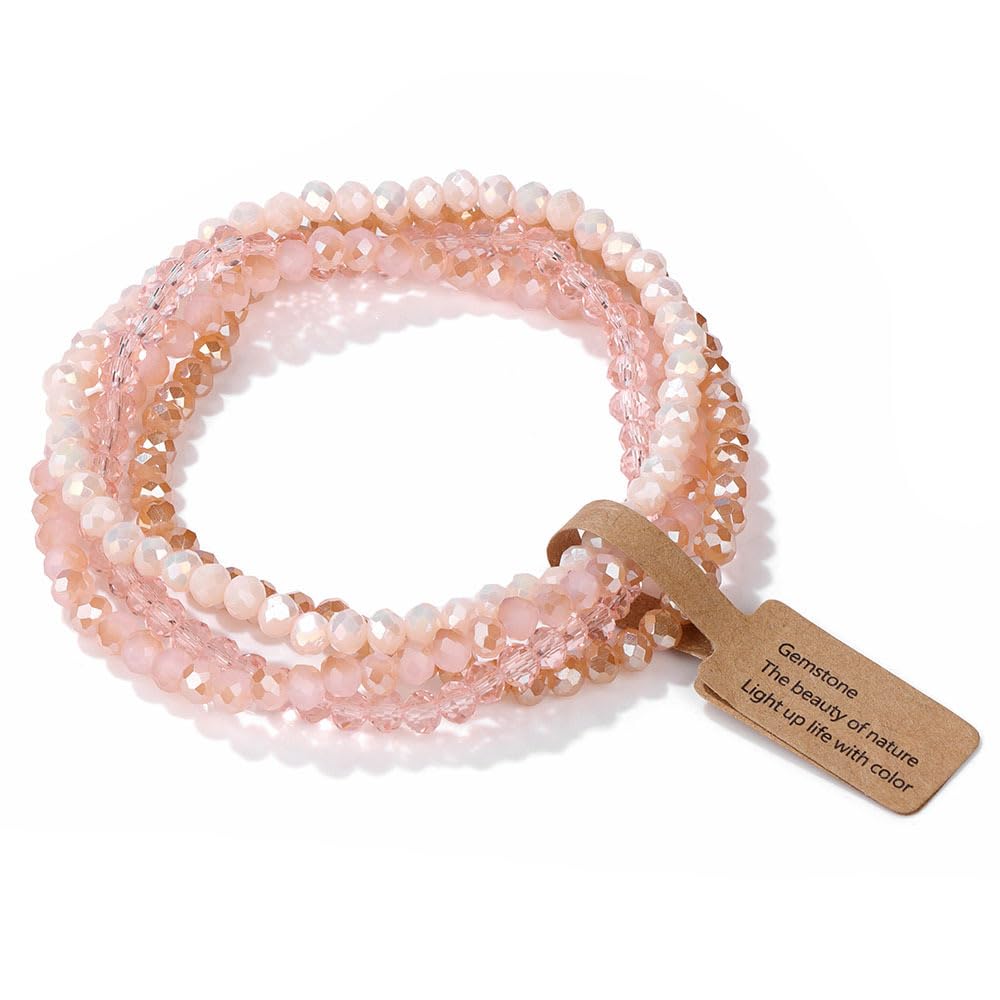 Lubrifico Boho Crystal Bracelet Set of 4pcs/set,4mm Beads Stackable Layering Stretch Bracelets for Women, Friendship Gifts(pink)