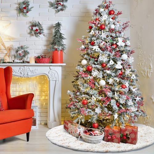 Dremisland Christmas Tree Skirt 36In White&Gold Tree Skirt with Snowflake