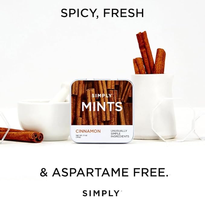 SIMPLY Mints | Variety Pack - Peppermint, Ginger, Cinnamon | Pack of Six (180 Pieces Total) | Breath Freshening + Aspartame-Free + Vegan + non-GMO