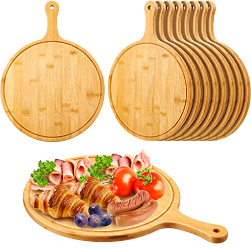 Nuenen 10 Pcs Round Wood Cutting Board with Handle Bamboo Wooden Serving Kitchen Chopping Boards for Pizza, Bread, Cheese, Charcuterie, Fruit, Vegetables(Bamboo)