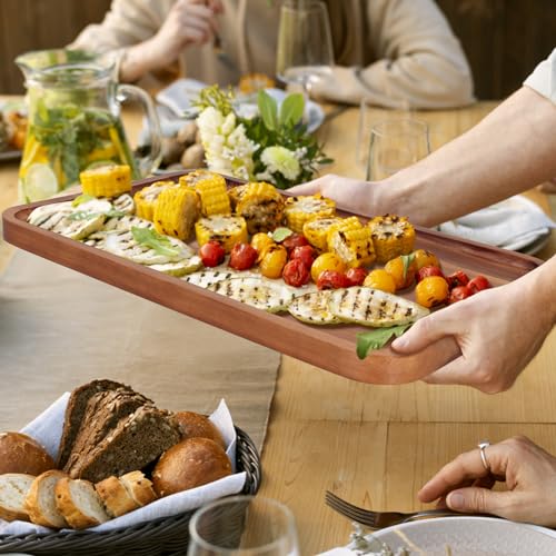 Large Wood Serving Trays Decor Long Charcuterie Cheese Boards Acacia Rectangle Wooden Platters for Food Dish Cookie Snack Appetizer Plates Rectangular Kitchen Dinner Platter Cake Dessert Plate Tray - size: 14" x 10" x 0.8"