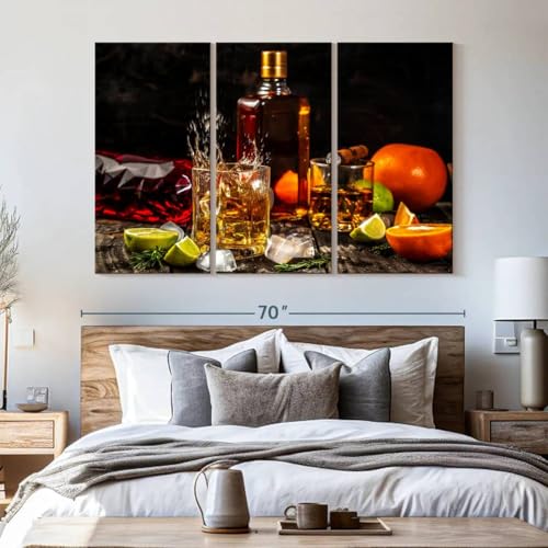 ElephantStock - Citrus Whiskey And Cigar Wall Art - Horizontal Multi Panel Canvas - 3 Piece Living Room Wall Decor - Photography Food And Drink Multi Piece Wall Art - Brown And Gray Decor - 65" x 42" - size: 65L" x 42W"