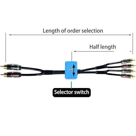 2ft Sound Channel swicher 2 Male to 4 Male RCA Switch Selector 2 Input 1 Output R/L Stereo Audio 1 in 2 Out Stereo Audio Splitter with Mute Button No External Power Required CD Speaker DVD Playe