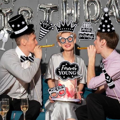36Pcs Silver Birthday Photo Booth Props, Glitter Silver Party Decorations, Letter Print Card Material