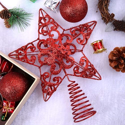 Aneco 10 Inches Metal Glittered Christmas Tree Topper Star Treetop Decoration for Christmas Home Decor, Red