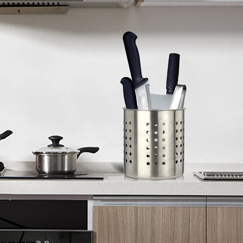 Saiveina Stainless Steel Utensil Holder Kitchen Holder Restaurant Cooking Utensil Holder for Forks Spatula, 5.3'' x 5.1" Round Utensil Organizer