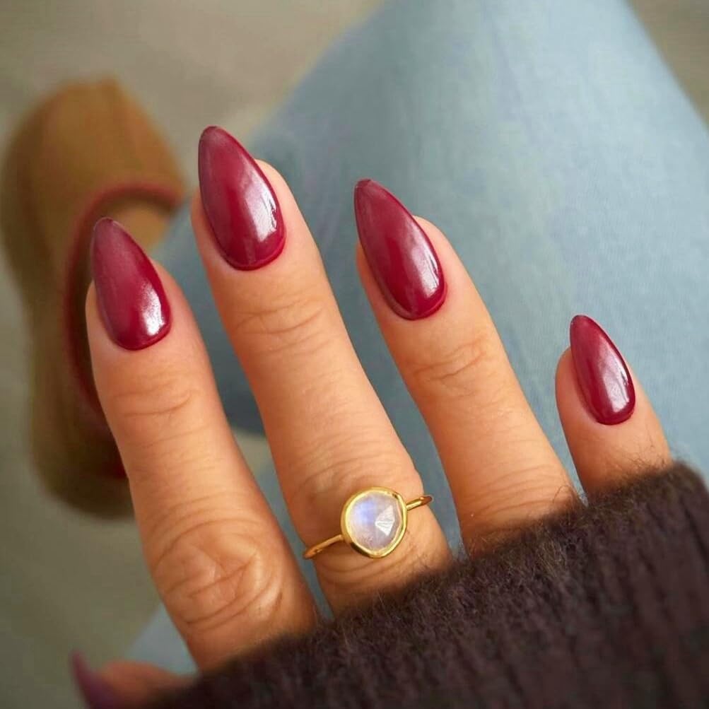 Red Press On Nails Almond - KQueenest Chrome Press On Nails Medium, Sparkle Glazed Fake Nails Press on with Mirror Effect, Cute Glue on Nails Medium Stiletto, Stick On Nails for Women Finger Wear