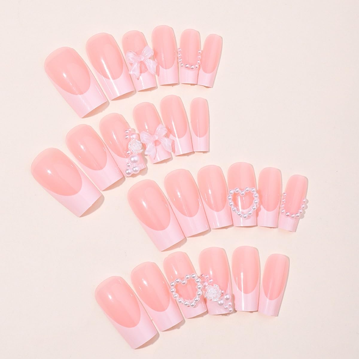 Coffin Press on Nails Medium - White French Tip Fake Nails with Bow Pearl Design - Heart Stick on Nails Press ons - for Women 24 Pcs