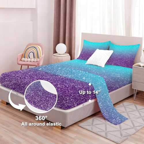 Glitter Blue Purple Fitted Sheet Set Full Size Fantasy Gradient Sheet Set Soft Microfiber 4-Piece Kids Sheet Set Full Bedspread 1 Fitted Sheet+1 Flat Sheet+2 Pillowcase Bedding Set - color: Blue and Purple, size: Full