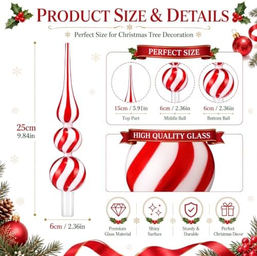 Gejoy Glass Christmas Finials Tree Topper Ornaments Spherical Red and White Candy Glass Xmas Tree Topper Finials Holiday Indoor Suitable for Party Decoration, 9.8inches
