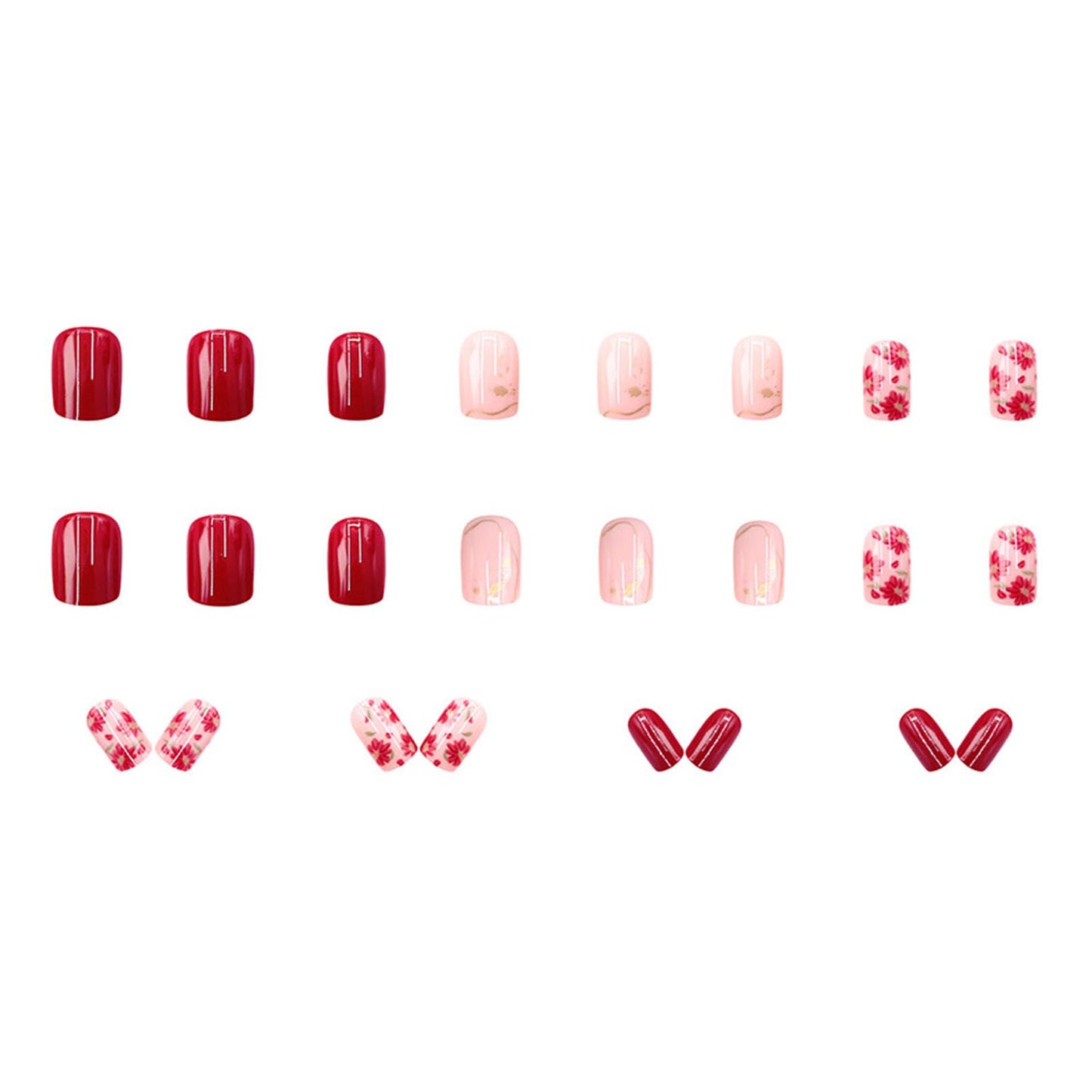Women Press on Nails Square Short Nail Press ons Red Fake Nails Artificisl Manicure 24Pcs Light Pink Glue on Nails with Flower Lines Designs Glossy Acrylic Stick on Nails
