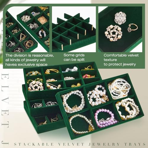 Junkin 12 Pcs Jewelry Tray Velvet Stackable Jewelry Organizer Trays Divided Earring Accessories Storage Containers Box (Rose Red) - color: Green