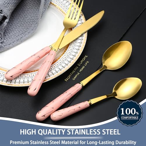 24 Pieces Flatware Set, Stainless Steel Cutlery Set with Silverware Holder, Modern Gold Silverware Set Includes Dinner Knives Forks Spoons,Hanging Silverware Set Service for 6 (Pink Gold) - color: Pink Gold