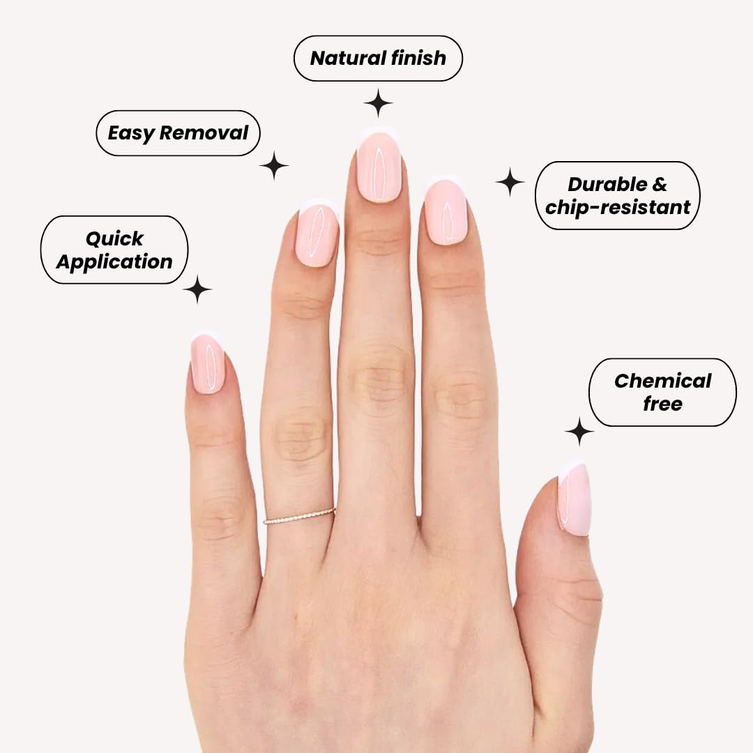 Votrenaeil Press On Nails - Classic Sheer | No Glue Short Squoval Nails with Thin French Tips for Work & Casual - 24 Pcs Nail Kit with Adhesive Tabs