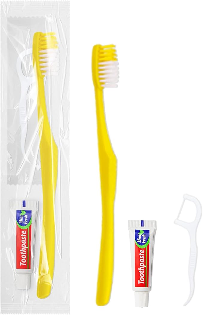 100pcs Disposable Toothbrushes with Toothpaste and Floss,Yellow Bulk Single Use Toothbrush Floss Pick Individually Wrapped Disposable Travel Toothbrushes Kit for Homeless,Airbnb,Hotel,Guest